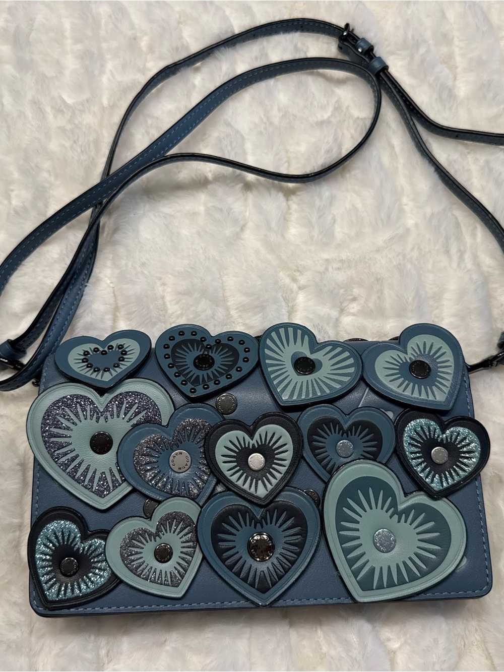 Coach Blue Heart-Applique Crossbody Bag Detachable strap with Authentication